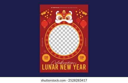 Lunar New Year Flyer. Vector illustration. Asian Lantern, Clouds and Patterns in Modern Style, Red and Gold.