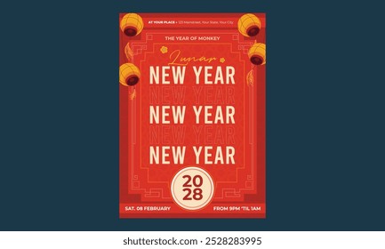 Lunar New Year Flyer. Vector illustration. Asian Lantern, Clouds and Patterns in Modern Style, Red and Gold.