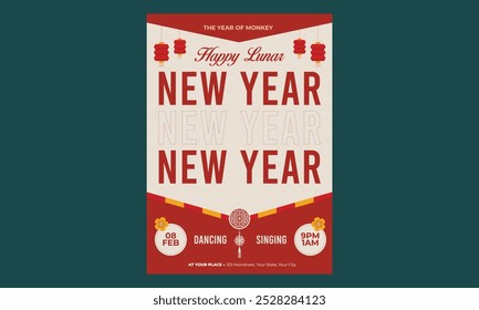 Lunar New Year Flyer. Vector illustration. Asian Lantern, Clouds and Patterns in Modern Style, Red and Gold.
