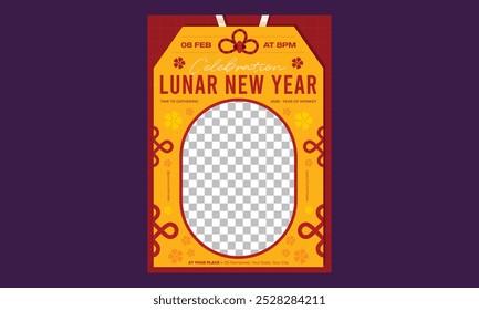 Lunar New Year Flyer. Vector illustration. Asian Lantern, Clouds and Patterns in Modern Style, Red and Gold.