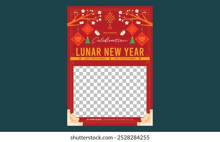 Volante de Año Nuevo Lunar. Ilustración vectorial. Linterna asiática, nubes y patrones en estilo moderno, rojo y oro.