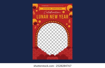 Panfleto de Ano Novo Lunar. Ilustração vetorial. Lanterna asiática, nuvens e padrões em estilo moderno, vermelho e ouro.