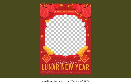 Panfleto de Ano Novo Lunar. Ilustração vetorial. Lanterna asiática, nuvens e padrões em estilo moderno, vermelho e ouro.