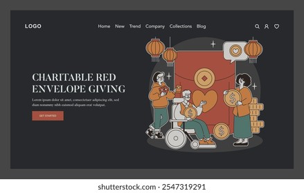 Lunar New Year Generosity theme. People sharing wealth and happiness during festive season through red envelope tradition. Celebration, charity, cultural unity. Vector illustration.