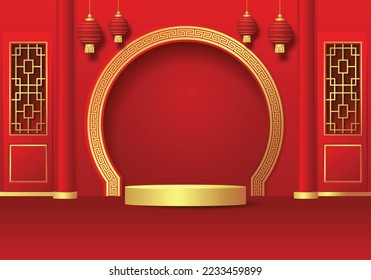 Mondneujahr goldenes rundes Podium, roter 3D Hintergrund, klassische chinesische Hausdekoration mit Haupttor, Tür und Laternen, perfekt für Werbung und Produktpräsentation.