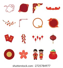 Conjunto de Elementos gráficos del Año Nuevo Lunar. Abanicos y linternas de las esquinas rojas del Vector para la decoración oriental de la tarjeta de felicitación del día de fiesta