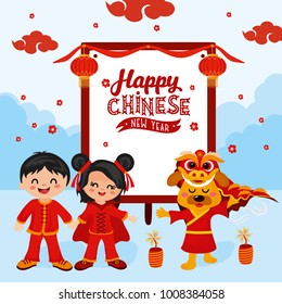 Lunar New Year greeting card. Asian children and objects for Chinese New Year. Hand drawn lettering.