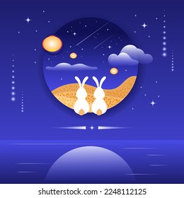 Lunar new year greeting card concept with rabbit and full moon. Design for cover, calendar, postcard, flyer, poster, banner, wallpaper, background. Translation Happy new year. 