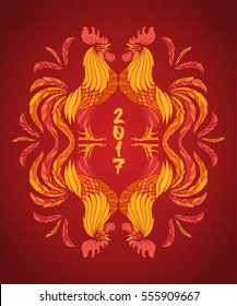 Lunar New Year greeting card. Vector illustration with ornament of stylized fire roosters isolated on red background.