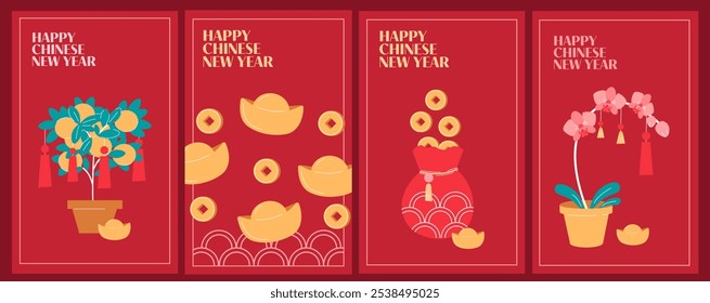 Tarjetas de felicitación del Año Nuevo Lunar. Conjunto de postales de año Nuevo. Símbolos de riqueza y prosperidad. Monedas tradicionales chinas y Yuanbao. 