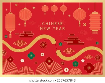 Lunar New Year. Happy Chinese New Year 2025. The year of the snake. Traditional red lantern, flower and firework. Vector designs. The zodiac sign of the snake.