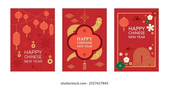 Lunar New Year. Happy Chinese New Year 2025. The year of the snake. Traditional red lantern, flower and firework. Vector designs. The zodiac sign of the snake.