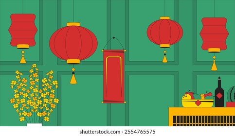 Lunar new year house ornaments flat illustration. Cny decorations at home with paper lanterns, floral blossom, treats 2D interior cartoon background. Feng Shui decor for living room scene vector image