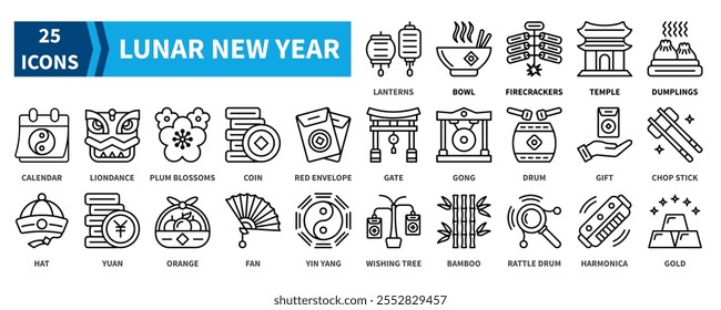 Lunar New Year icon collection set. Containing lanterns, firecrackers, temple, dumplings, calendar, coin, yuan, orange, yin yang, gong, gold icon. Simple black outline vector.