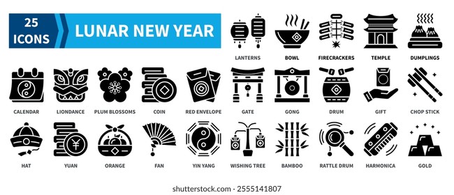 Lunar New Year icon collection set. Containing lanterns, firecrackers, temple, dumplings, calendar, coin, yuan, orange, yin yang, gong, gold icon. Simple black fill vector.