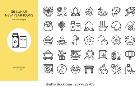 Lunar New Year Icon Set. Dragon Mask, Firework Cracker, Lotus, Koi, Fortune Charm, Temple Incense Burner, Longevity Peach, Pagoda, Sakura, Lucky Coin. Editable Vector Tet Festival Signs Collection.	