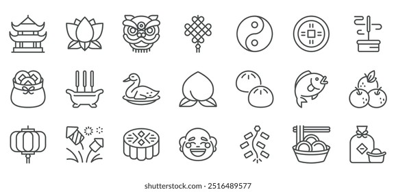 Lunar New Year Icon Set. Traditional Symbols of Chinese New Year Celebration, Including Lanterns, Dragon Dance, Lucky Coins, Dumplings, Firecrackers, and Festive Foods.
