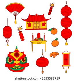 Lunar New Year Icon Set. Traditional Chinese celebration. Flat style design, simple color on a white background, hand drawn isolated objects. House, lion mask, red paper lanterns,oranges, firecrackers