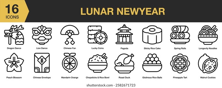 Lunar New Year icon set. Includes lunar new year, tradition, new year, animal, traditional, and More. Outline icons vector collection.