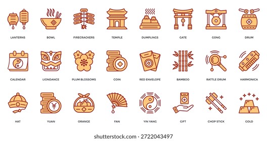 Conjunto de iconos de año Nuevo lunar. Contiene Linternas, Petardos, Templo, Albóndigas, Calendario, Moneda, Yuan, Naranja, Yin Yang, Gong, Icono De Oro. Estilo lineal