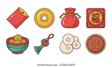 Conjunto de iconos de año nuevo lunar, sobre rojo, moneda antigua, bolsa de dinero, encanto de la suerte, tazón de fideos de longevidad, bolas de masa hervida, pastel de luna, nudo