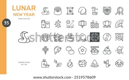 Lunar New Year Icons Set. Chinese New Year Celebration Line Art Symbols for 2025 Year of the Snake. For Korean New Year or Vietnamese Tet Traditional Holidays