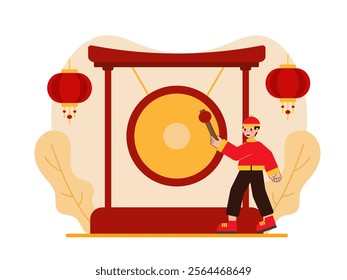 Lunar New Year Illustration, Celebrating Prosperity, Striking the Giant Gong with Decorative Frame, Flat Vector Illustration