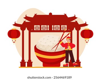 Lunar New Year Illustration, Embracing Abundance, Standing Beside the Giant Golden Rice Bowl Filled with Steaming Rice, Flat Vector Illustration