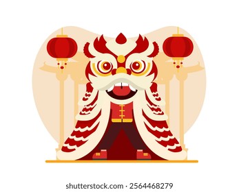 Lunar New Year Illustration, Preparing for the Dance of Fortune, Adjusting the Giant Lion Head for the Lion Dance, Flat Vector