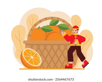 Lunar New Year Illustration, Sharing Prosperity, Holding a Giant Basket of Mandarins for Prosperity, Flat Vector Illustration