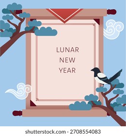Lunar New Year Korean Scroll Magpie Pine Illustration