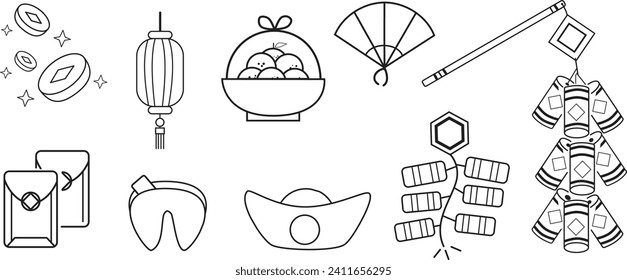 Montag neues Jahr Linie Symbol gesetzt. Bearbeitbarer Strich. Chinesisches Kontursymbol für das neue Jahr. Chinesisches Symbol, Vektorgrafik. Traditionelle chinesische Ziergegenstände. Elemente für das Neujahrsdesign des Mondes.