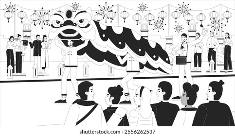 Lunar New Year lion dance black and white line illustration. Asian dancers performing during spring festival 2D characters monochrome background. Ritual on street amid cheers outline vector image