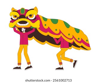 Lunar New Year lion dancers 2D cartoon characters. Chinese people in traditional tang suits performing spiritual dance isolated people flat vector on white background. Spot illustration colorful