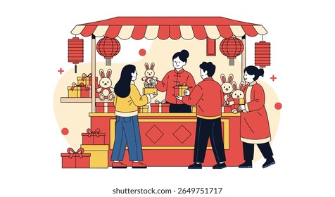 Lunar new year market celebration with people buying gifts and decorations from a festive booth