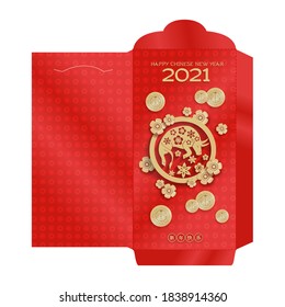 Montag Neujahr Geld Red Packet Ang Pau Design. Jahr des Ochsen mit vielen Goldmünzen. Chinesische Hieroglyph-Übersetzung - Frohes neues Jahr. Goldener Stier mit Blumen. Bereit für den Druck, Die-Schnitt auf andere Schicht