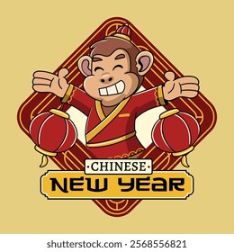 Lunar New Year Monkey Zodiac Cartoon Character in Retro Vintage Illustration