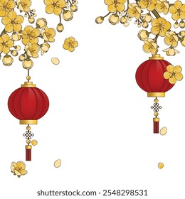 Lunar New Year ornament with yellow apricot blossom and red lanterns