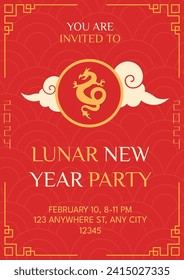 Lunar New Year party invitation. Modern poster template with text. Elegant vector illustration with traditional chinese symbols and elements.