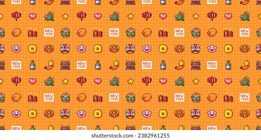 Lunar New Year Pixel Seamless Pattern. Retro Asian Dragon, Red Lantern and Fortune Cookie Designs Elements. Y2K Background for Wallpapers, Arcade Games and Festive Decor Celebrations.