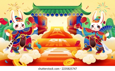 Lunar new year poster. Illustrated cute Door god rabbits standing symmetrically in front of Chinese traditional doorway with carpet. Text: Happy new year.