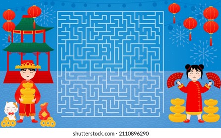Lunar New year puzzle game with labyrinth, find right way to girl with fans from boy holding gold ingots on blue background, printable worksheet for kids