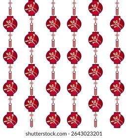 Lunar New Year Red Lantern Seamless Pattern.  A festive seamless pattern featuring traditional red Chinese lanterns with tassels and delicate floral accents, ideal for Lunar New Year.