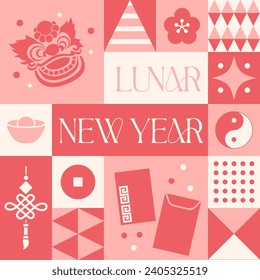 Lunar New Year seamless pattern in scandinavian style postcard with Retro clean concept design
