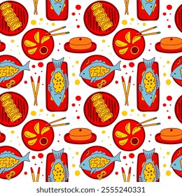 Lunar New Year Seamless Pattern. Traditional Chinese meals. Endless Ornament. Dumplings, fish, rice cake, isolated on a white background. Wallpapers, backgrounds, print, textile, packaging, papers
