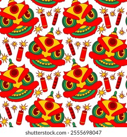 Lunar New Year seamless pattern. Street festival endless ornament. Firecrackers and lion mask dance motif, Chinese New Year, isolated, white background. Wallpaper, background, print, wrapping, papers