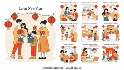 Lunar New Year set. Celebrations include family dinners, gift exchanges, and decorating with red lanterns. Cultural traditions and festive activities blend in these warm illustrations. Vector