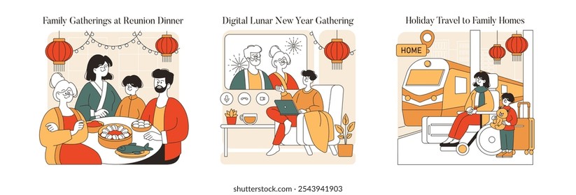 Ano Novo Lunar definido. Jantar em família, reunião digital e tradições de viagem de férias. Celebrar com os entes queridos, abraçando conexões modernas. Ilustração vetorial.