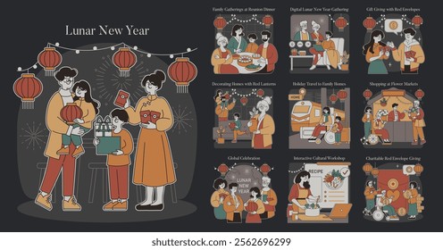 Lunar New Year set. Family and community celebrate with traditions and gifts. Red lanterns, festive dinners, and digital gatherings. Vector illustration.