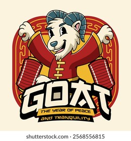 Lunar New Year Shio Goat Zodiac Cartoon Character in Retro Vintage Illustration for sticker, poster, flyer, brochure, invitation, greeting card, banner